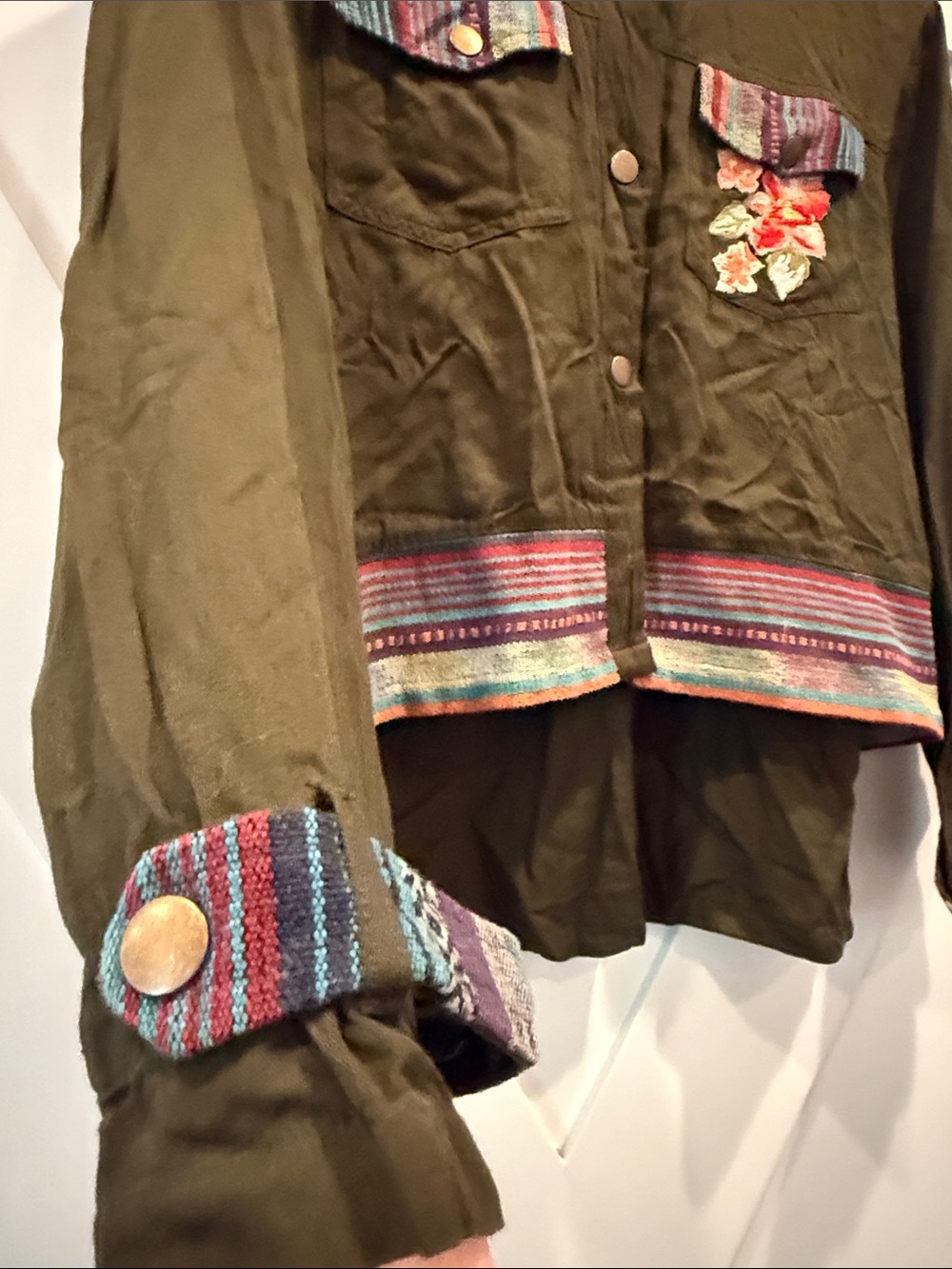 Olive Green Embroidered Utility Jacket with Multicolor Trim - Picture 6 of 13